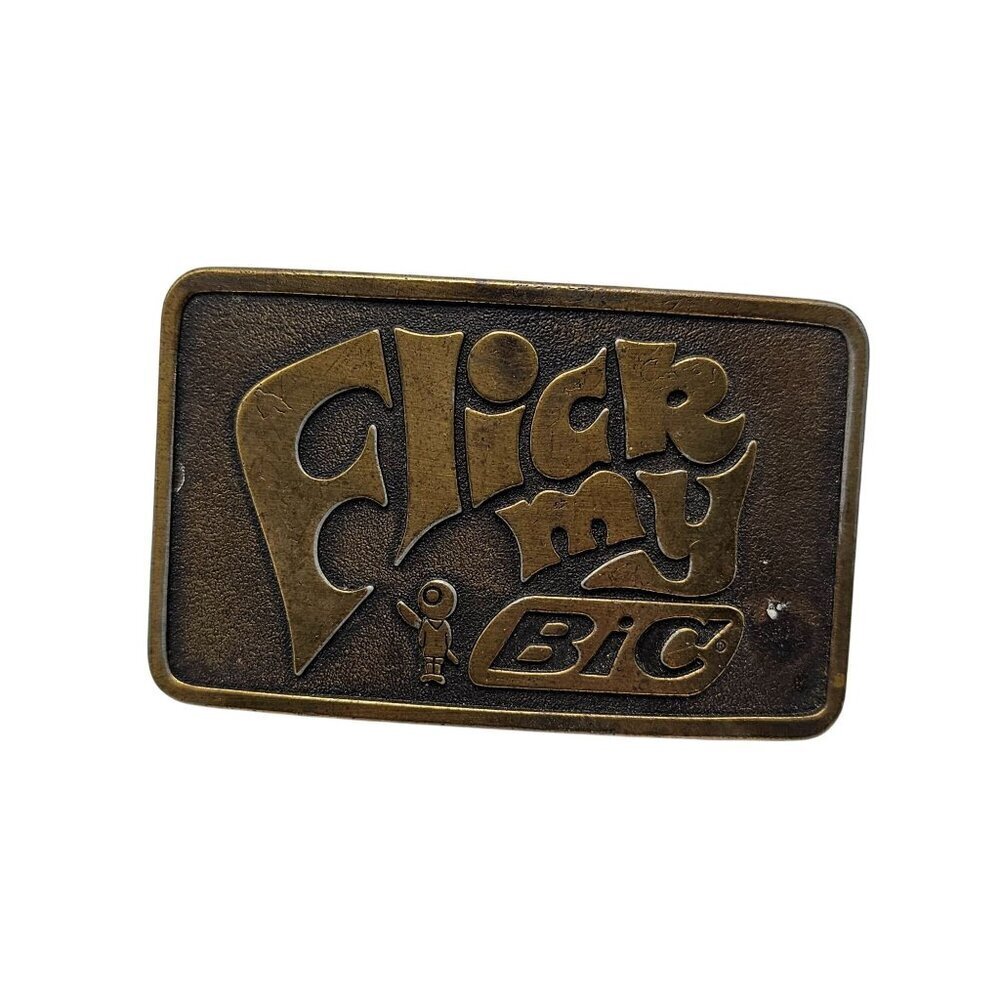 Vintage 1980s Flick My BIC Brass Belt Buckle Retro Design 3"x2" USA Made Collect